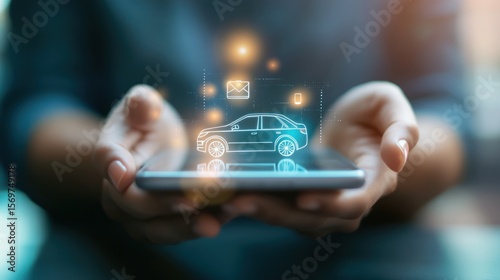 Futuristic automotive management app showcased on a smartphone screen held by person