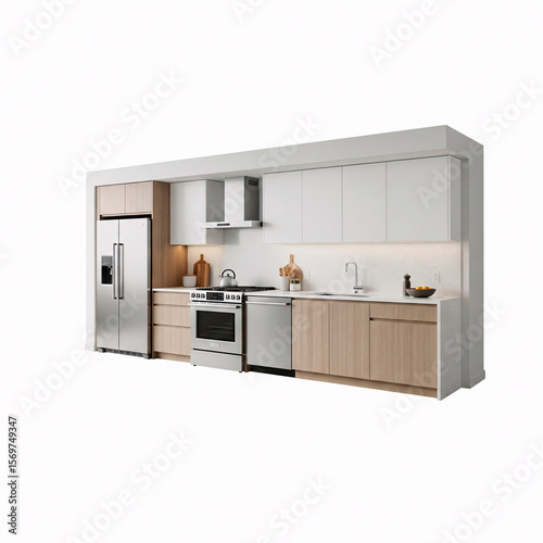 Modern kitchen interior isolated on white background. 3d render