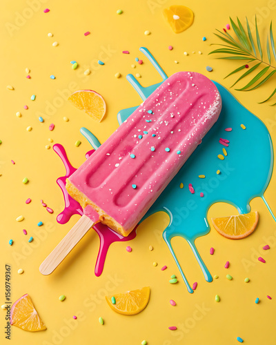 Melting Neon Pink Popsicle on Yellow Surface