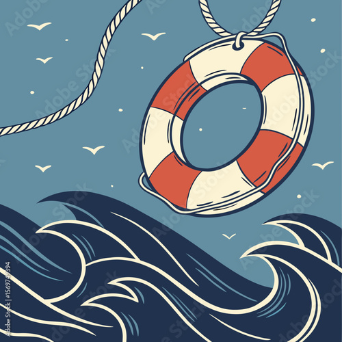 Red, white lifebuoy hangs against blue background. Safe water rescue symbol, maritime safety concept. Nautical equipment, summer vacation, sea travel theme, safety, tourism, vacation at ocean beach.