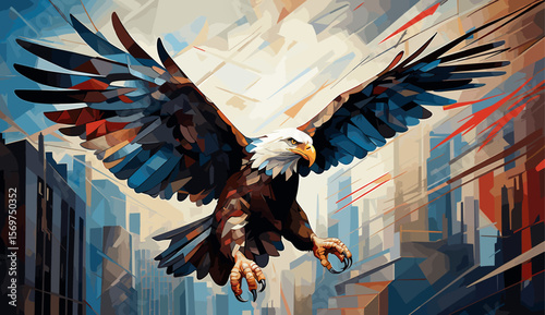 American bald eagle against the backdrop of a metropolis.