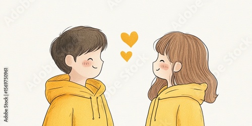 Minimalist hand-drawn boy and girl in yellow outfits sharing a romantic moment