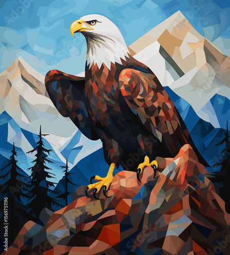 American bald eagle among rocks and wildlife in vector pop art cubism style.