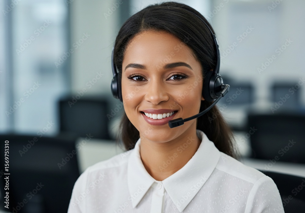 Smiling Customer Service Representative with Headset in Bright Office Smiling Customer Service Representative with Headset in Bright Office
