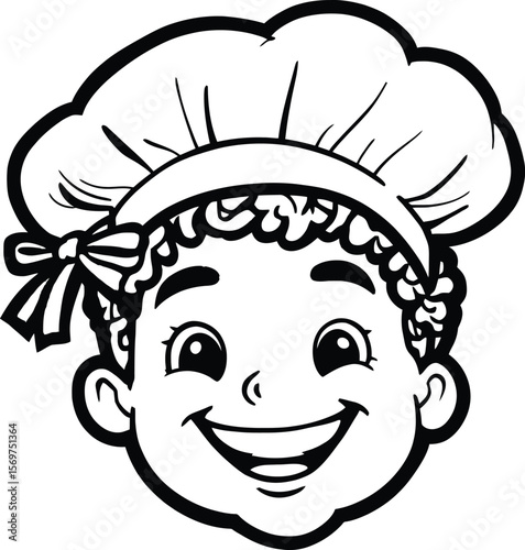 CulinaryTitle Cheer — Cartoon: Culinary Cheer Portrait of Smiling Character with Curly Hair, Bow Headband, and Chef’s — Cartoon Portrait of Smiling Character with Cur Hat