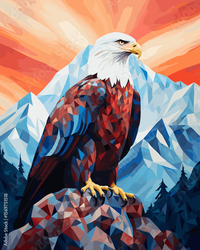 American bald eagle among rocks and wildlife in vector pop art cubism style.