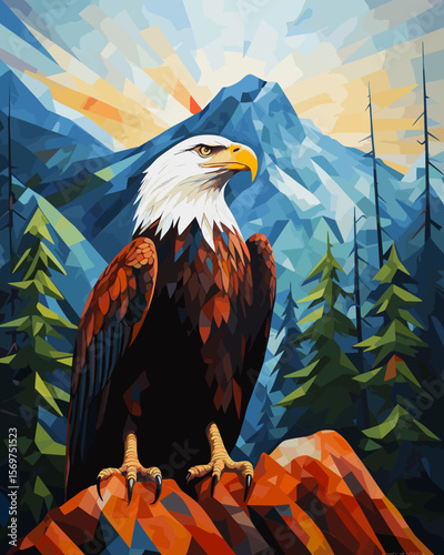 American bald eagle among rocks and wildlife in vector pop art cubism style.