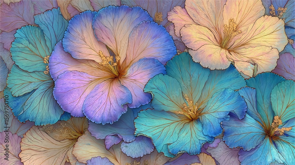 custom made wallpaper toronto digitalVibrant arrangement of large overlapping flowers with gradient petals in soft pastel pinks, yellows, vivid blues, and purples, intricate veins, golden-yellow stamens, lush,