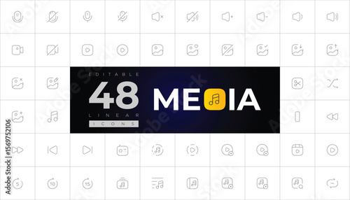A modern set of 48 editable linear media icons, featuring minimal stroke designs for music, video, and multimedia applications.