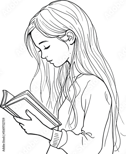 Literary Pause — Silhouette Illustration of Long-Haired Character Immersed in Reading with Relaxed Posture and Book in Hands