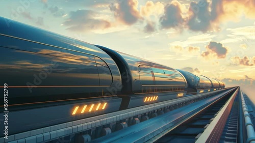 Wallpaper Mural Futuristic Train Gliding on Elevated Tracks Through Modern Cityscape at Dusk Torontodigital.ca