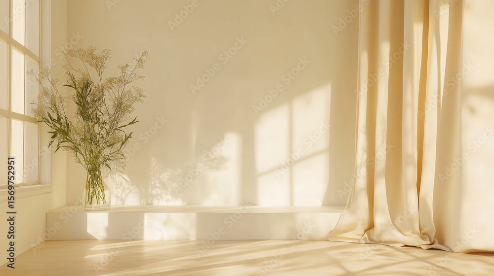 Fototapeta premium Bright and serene interior space with natural light and decorative elements at midday