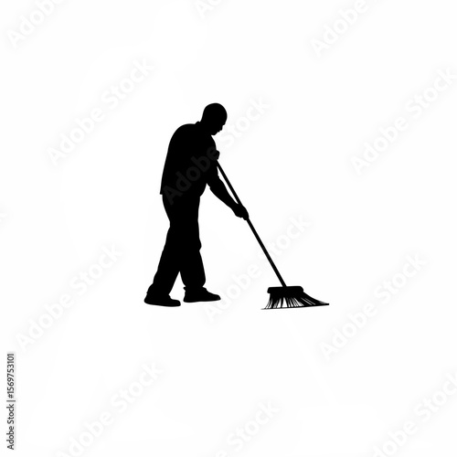 Silhouette of man sweeping with broom on white background