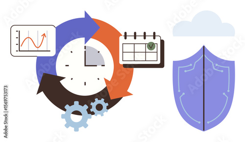 Clock with rotating arrows, calendar with checkmark, data chart, gears, shield, and cloud. Ideal for process management, time efficiency, business strategy security planning cloud solutions