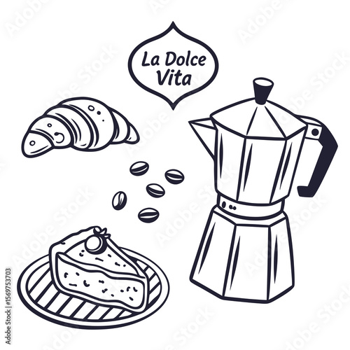 Hand draw la dolce vita breakfast or brunch doodles. Vector illustration of food and coffee icons in ink drawing style. Minimalist line art. Illustration for invitations, menus design, poster placard.