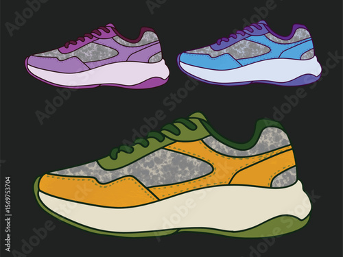 Footwear Set Vector. Stylish Shoes. For Man And Woman. Different Seasons. Design Element. Flat Cartoon Isolated Illustration, Cartoon athletic sneakers. Sport shoe pair group, fitness footwear