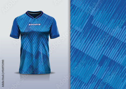 T-shirt mockup with abstract stripe line sport jersey design for football, soccer, racing, esports, running, in blue color	