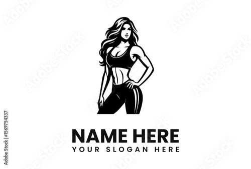 A stylized black and white illustration of a fit woman posing confidently.