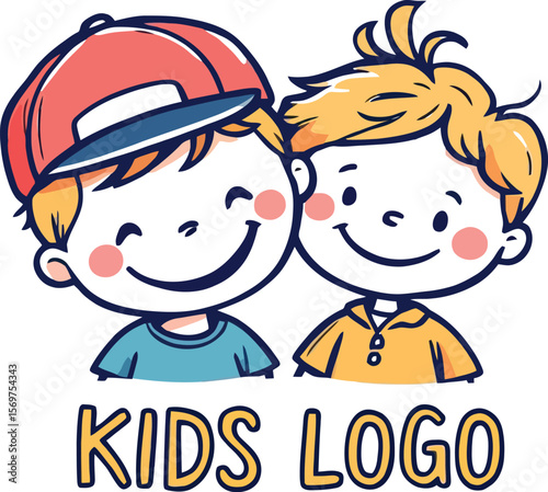 Sunny Duo — Cartoon Logo Featuring Two Smiling Children in Bright Shirts and Bold “KIDS LOGO” Text Below