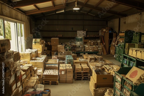 A bustling warehouse filled with stacked boxes and crates, showcasing organized chaos in storage