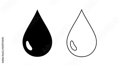 Water Drop Icon Duo: A minimalist artistic portrayal of two water drop icons, one filled with a solid black hue, the other outlined.