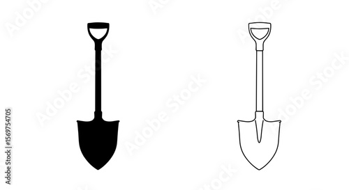 Shovel Silhouette: A black and white illustration featuring a shovel, showcasing its sleek outline and essential design elements.