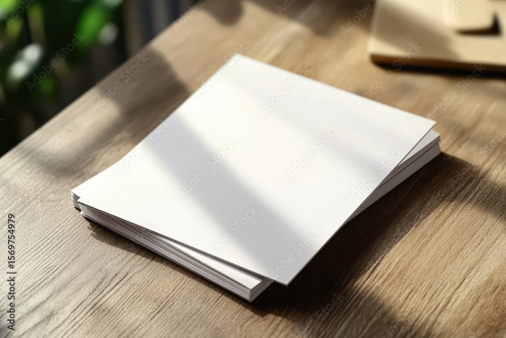 A stack of blank white papers rests on a wooden surface with sunlight casting shadows across them. A stack of blank white papers rests on a wooden surface with sunlight casting shadows across them.