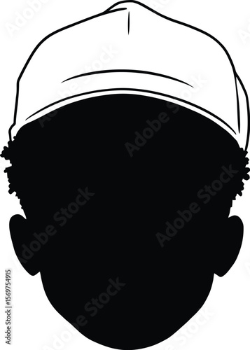 Textured Ease — Silhouette Portrait of Character with Baseball Cap, Voluminous Curly Hair, and Rounded Head on White Background
