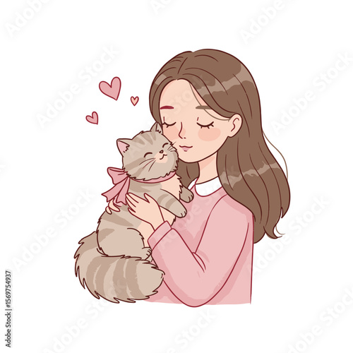Young woman hugging cat and expressing love with heart symbols  