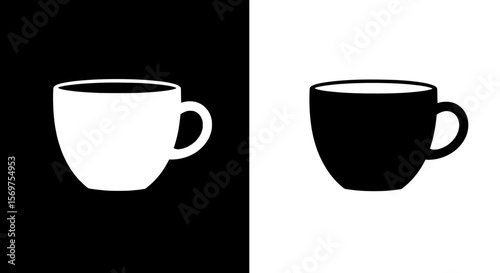 Contrast of Cups: Two stylized cups, one white and the other black, stand in stark contrast against opposing backgrounds, their minimalist design highlighting the simplicity.
