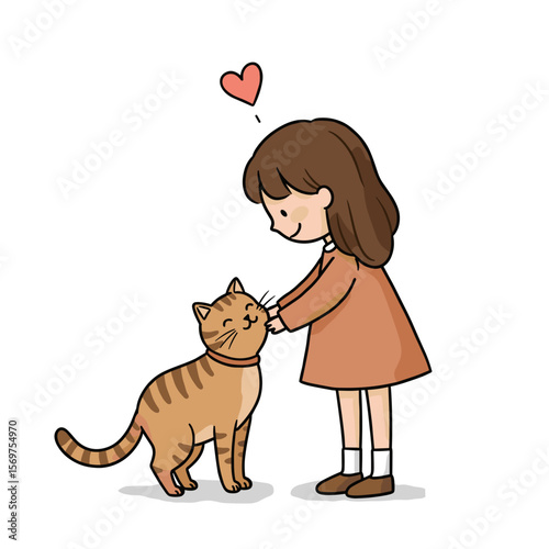 Young girl petting happy cat with love in playful illustration  