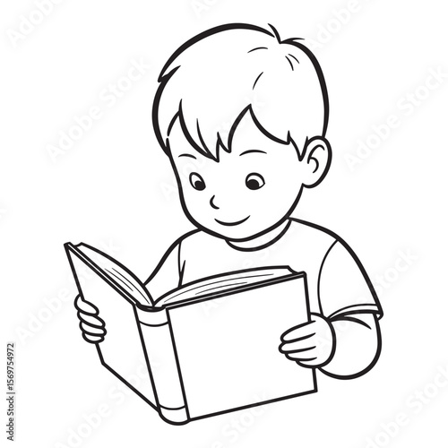 Happy young boy reading a book enjoying education and expanding knowledge in black and white