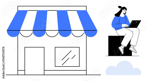 Blue and white shopfront paired with a woman using a laptop, emphasizing business growth, remote work, and e-commerce. Ideal for entrepreneurship, retail, marketing, startup, technology remote jobs