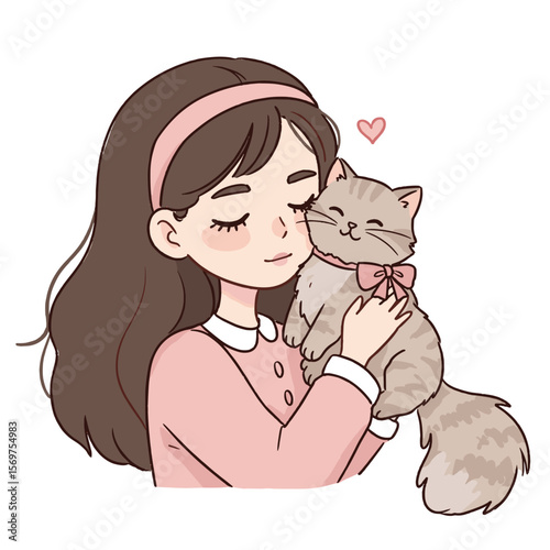 Girl hugging adorable cat with love in a cute illustration  