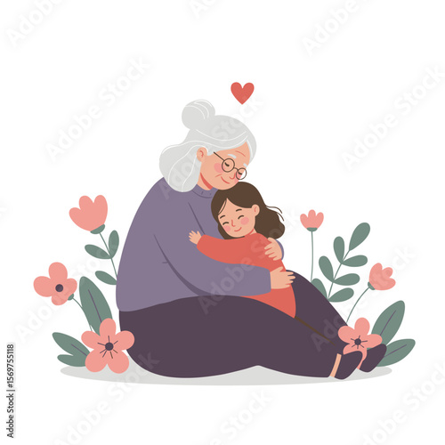 Elderly woman hugging young girl among flowers in cheerful setting  