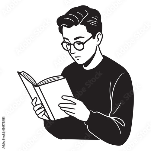 Illustrated cartoon man reading a book wearing glasses black and white isolated on white