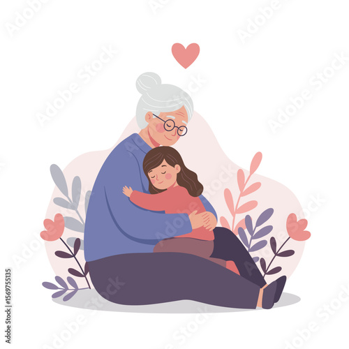 Elderly woman hugging young girl with love in a floral background  