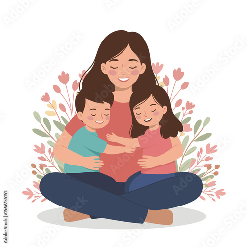Mother embracing her children while sitting among flowers  