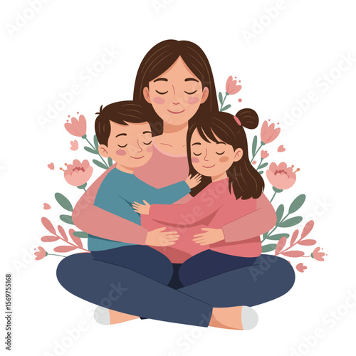 Mother hugging children with floral background in a cozy setting  