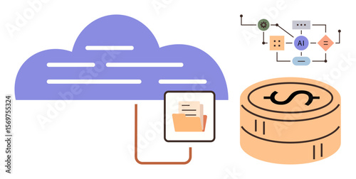 Cloud with file folder, AI workflow diagram, coin stacks representing economic systems. Ideal for tech innovation, AI usage, finance, data storage, digital transformation, automation simple flat
