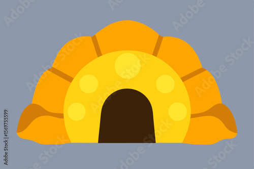 Abstract vector illustration of a desert landscape with a vibrant sun, orange sky, and distant mountains at sunrise