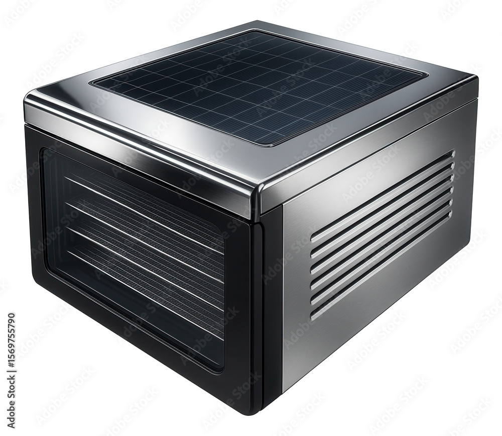 Fototapeta premium A solar-powered dehydrator with a reflective surface for efficient vegetable drying in a garden shed.