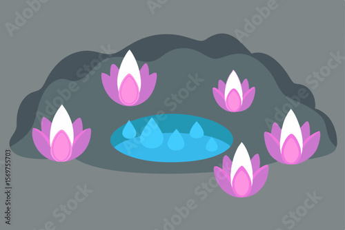 Serene Cave Pool with Pink Lotus Flowers A Tranquil Illustration