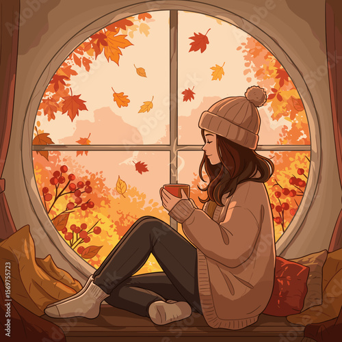 Cozy woman enjoying warm drink while sitting by window in autumn  