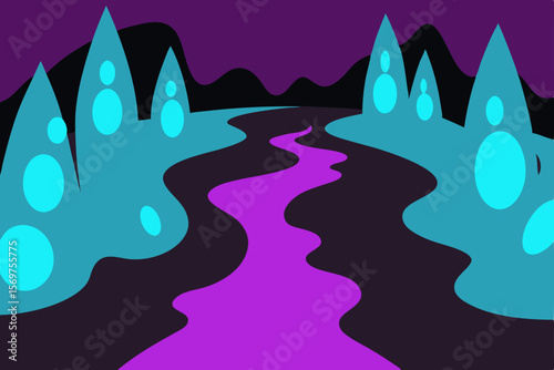 Enchanted River A Mystical Nighttime Landscape with Glowing Flora