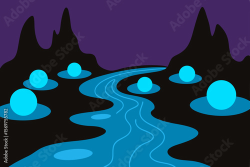 Enchanted River Glowing Orb Landscape, Mystical Night Scene