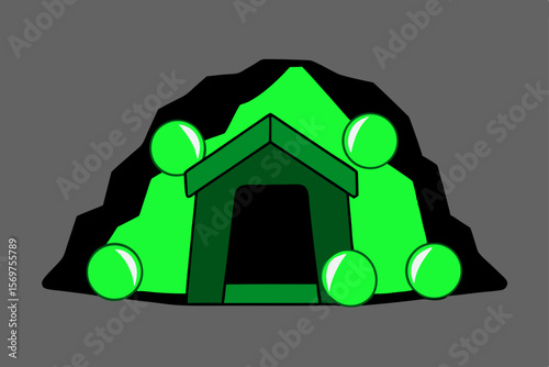 Mysterious Green Cave House  Illuminated Dog House Hidden Within Glowing Spheres