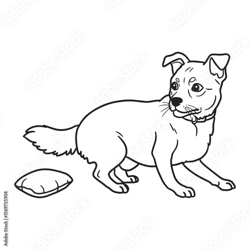 Playful dog sitting next to a pillow drawn in clean outline style design