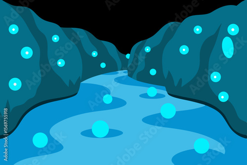 Enchanted River Glowing Blue Water, Mystical Night Scene