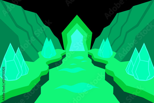 Enigmatic Green Crystal Gateway A Mystical Fantasy Landscape Illustration